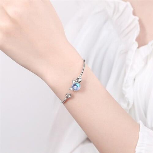 Cute Crystal Cat Bangle For Women Jewelry Top Quality 925 Sterling Silver Bracelets On Hand Accessories Female Vintage Bracelets