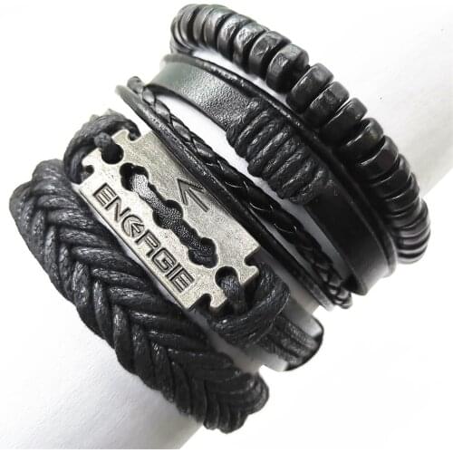 Blade Black Beads Wristband Wing Skull Multilayer Leather Bracelets Set Men Bracelets Women Homme Fashion Jewelry Accessories