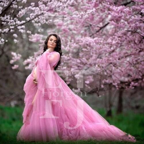 2021 Fashion Tiered Ruffle Pink Tulle Summer Dress for Pregnant Women Photography Long Sleeve Open Front Robe Maternity Dresses
