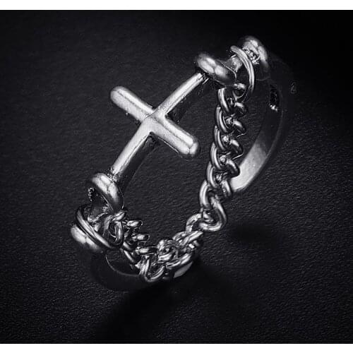 Trendy Vintage Cross Shape Antique Silver Plated Punk Hiphop Rock Style Resizable Rings for Women Girl & Man Retro Party Jewelry