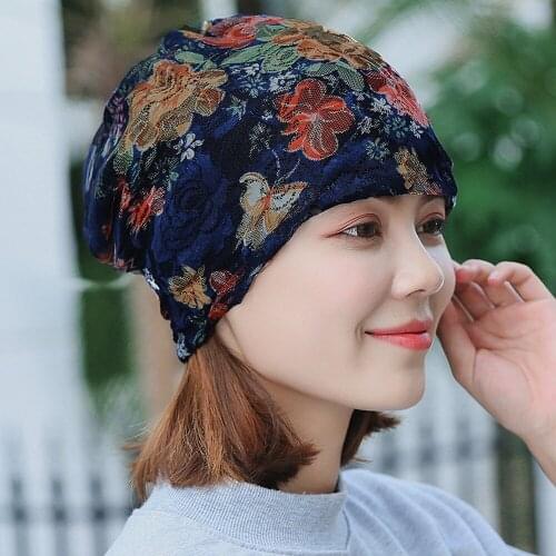Autumn Beanies For Women 2021 India Muslim Stretch Turban Hat Lace Hair Floral Print Loss Head Scarf Wrap Платок На Голову