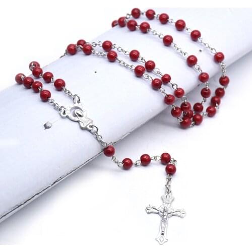 Catholic Rosary Necklace 6mm Red Beads Trinity INRI Crucifix Cross Pendant Religious Pray Jewelry Christian Believer Gifts