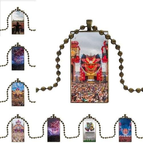 Necklace With Bronze Plated Glass Cabochon Choker Long Pendant Rectangle Necklace For Women Kids Defqon