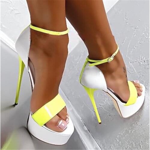 Ladies 16 cm Ultra High Heels Florescence Colors Strappy Sandals Women Platform Cover Heels Ankle Strap Stage Club Sandal Shoes