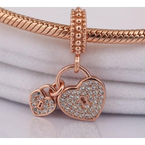 S925 Pendant DIY Jewelry Love Locks Dangle Charm fit Lady Bracelet Bangle Girl Gift Rose & Clear CZ