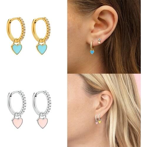 BOAKO 925 Sterling Silver Hoop Earrings With Cute Candy Neon Color Enamel Heart Charm Drop Earring Gold Silver Color For Girls