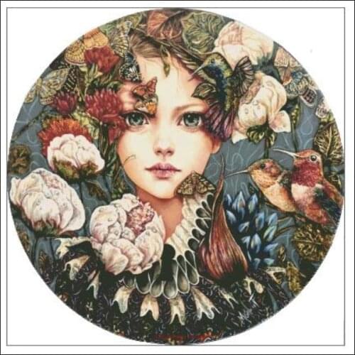 Embroidery Counted Cross Stitch Kits Needlework - 14 ct DMC Color DIY Arts Handmade Decor - Girl with Hummingbirds and Flowers
