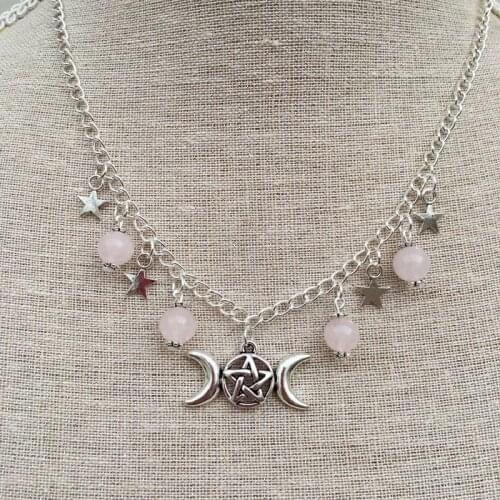 Goth Triple Rose Stone Pentagram Pagan Wicca Chain Necklace Triple Moon Natural Pendant Witchy Esoteric Punk Jewelry Women Gift