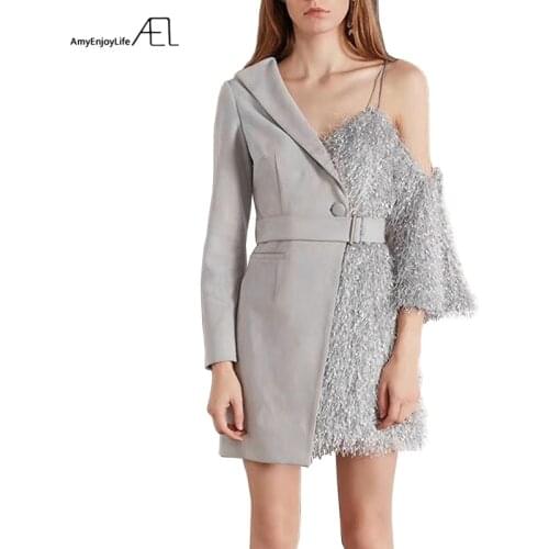 AEL Spliced Asymmetric One Strap Shoulder Low Cut Autumn Woman Dress Suits Styles 2018 Fashion Runway Dresses Hight Quality