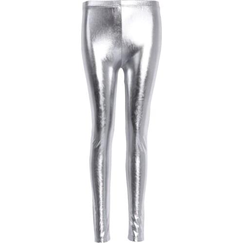 Women Shiny Silver Gold Leggings High-Waisted Faux Leather Stretch Pencil Pants E56D