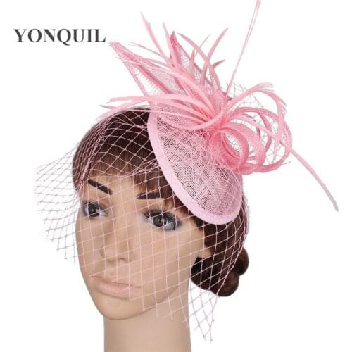 Sinamay Wedding Women Elegant Fascinators with Fancy Feathers Headwear Party Tea Hair Accessories Cocktail New Style Pink Hats