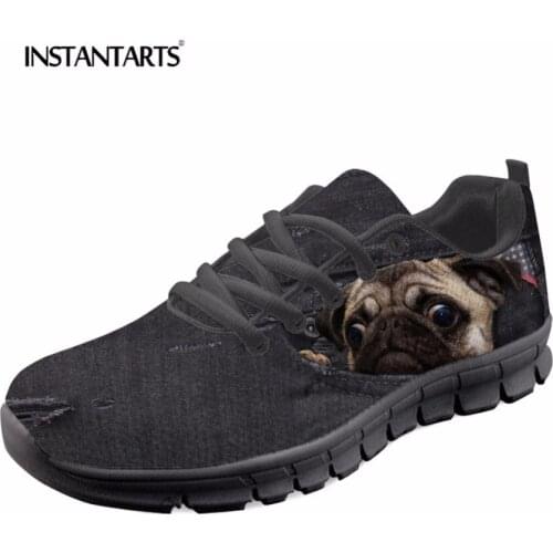 INSTANTARTS Women Casual Sneakers Spring Autumn Lace Up Flat Shoes 3D Cute Pug Dog Black Denim Animal Pattern Female Flat Tenis