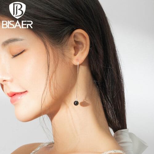 Pearl Earrings BISAER 925 Sterling Silver Long Chain Black Pearl Drop Earrings for Women Fashion Silver Jewelry ECE878