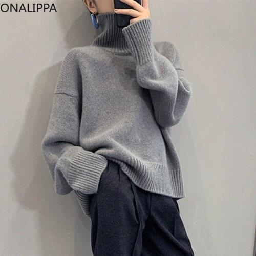 ONALIPPA Sweater Women Turtleneck Autumn Winter Loose Lazy Style 2021 New Flat Stitch Thickened Inner Pullover Casual Tops Tide