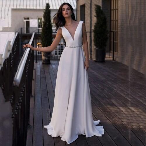 Simple Backless A Line Satin Wedding Dress 2021 V Neck Beading crystal Belt Bridal Gowns Vestido De Noche With Pocket