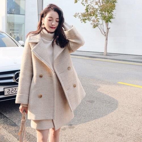 Winter Faux Wool Jacket And Skirt Set Korean Female Coat Women Manteau Womens Autumn Basic Fashion Femme Thick Two-piece Suit