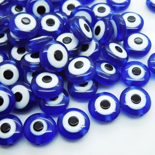 100pc Dark Blue Flat Round Lucky Charm Kabbalah Evil Eye Resin Spacer Beads For DIY Garment Accessories 10*6mm
