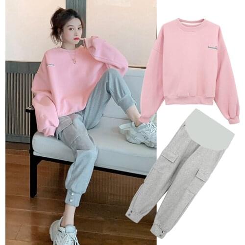 297# 2021 Autumn Korean Fashion Maternity Clothing Sets Sports Casual Hoodies + Pants Suits Clothes for Pregnant Women Pregnancy