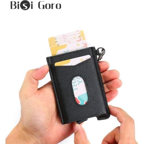 BISI GORO 2020 Cowhide Fashion RFID Smart Wallet Card Holder Slim Anti-theft Security Holders Aluminum Box Pup Up ID Card Case