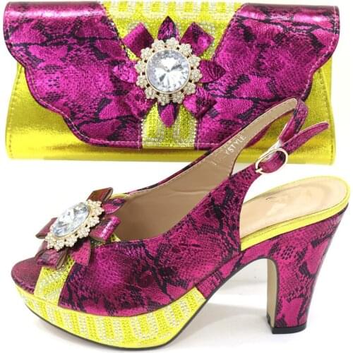 Wonderful yellow and fuchsia women dress shoes with crystal style african pumps match handbag set CR2129,heel 10CM