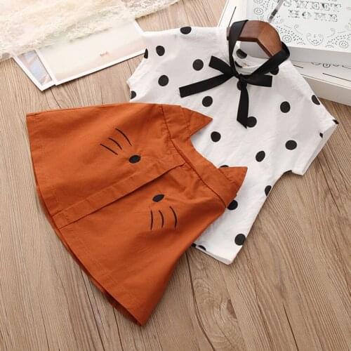 Kids Girls Sets Summer Printed Toddler Kid Baby Girl Outfits Clothes Dot Print T-shirt+cat Embroidery Skirt Set Vetement Fille