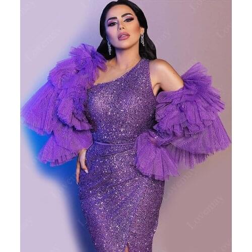 Purple Glitter Evening Dresses 2021 Long Mermaid Dubai Muslim One Shoulder Prom Dress Ankle Length Cocktail Party Gown
