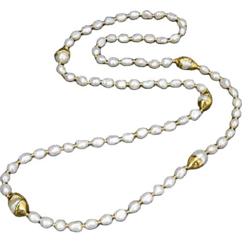 GuaiGuai Jewelry 42" Natural White Baroque Pearl Gold Color Plated Keshi Pearl Necklace Classic For Women