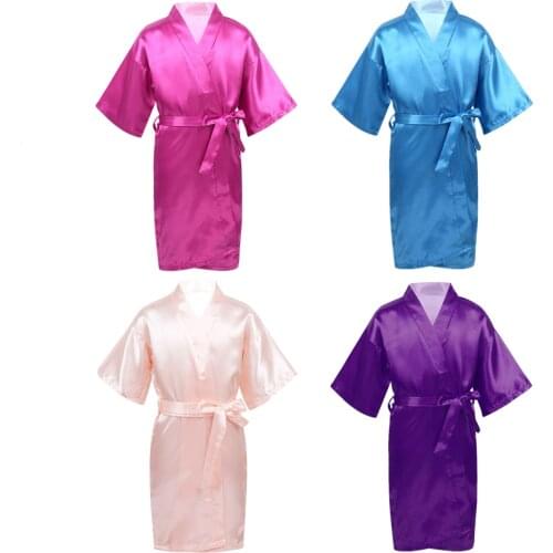 Girls Satin Kimono Robe Kids Sleepwear Solid Color Children Bathrobe Princess Nightgown Robes For Spa Party Wedding Birthday