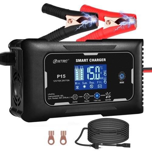 HTRC Car Battery Charger 12V/24V 15A Touch Screen Full Automatic Pulse Repair LCD Motorcycle Charger for PB LIFEPO4 Batteries