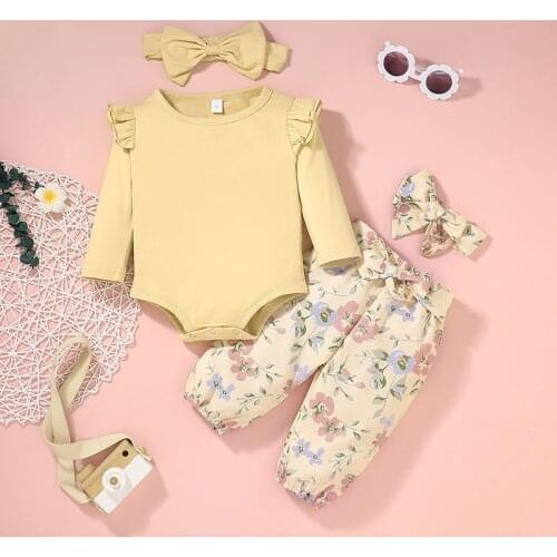 4PCS Baby clothing set baby girl set 2021 autumn fashion flying sleeve romper + floral trousers headband girl clothing set