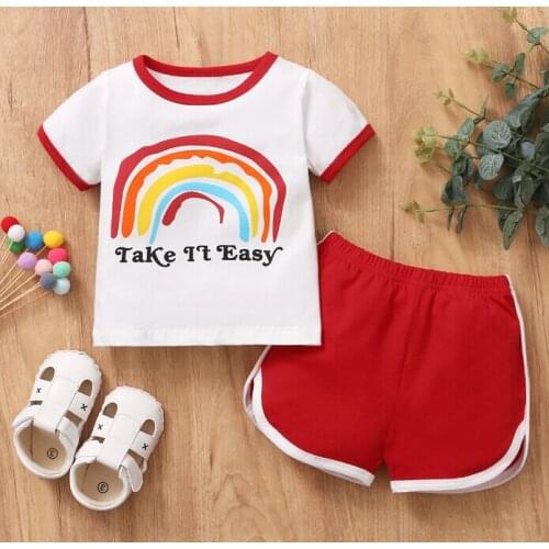 Infant Girl’s Short-sleeved and Shorts Set Fashion Rainbow Round Neck T-shirt and Solid Color Short Pants 18M-6T 2021 New Style