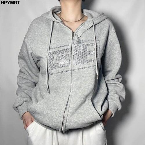 Fashion Rhinestone Zipper Oversized pocket Hoodies Tops Female Vintage Solid Letter Long Sleeve Gray Sweatshirts Autumn Women