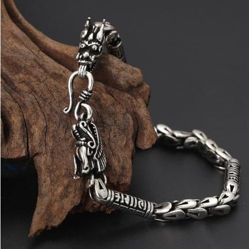 Real 925 Sterling Silver Double Dragon Head Men Bracelet Vintage Punk Thai Silver Six Words Mantra Bracelets Fine Jewelry Gifts