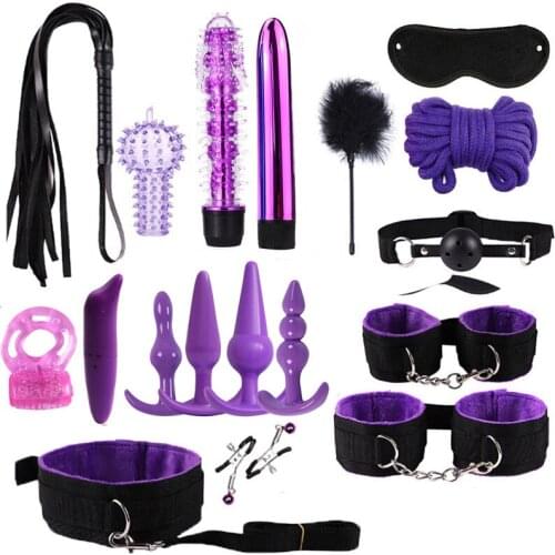Sex Bondage Set Handcuffs Collar Whip Eye Mask G spot Bullet Vibrator Anal Beads Plug Vibrating Penis Ring Sex Toys for Couples