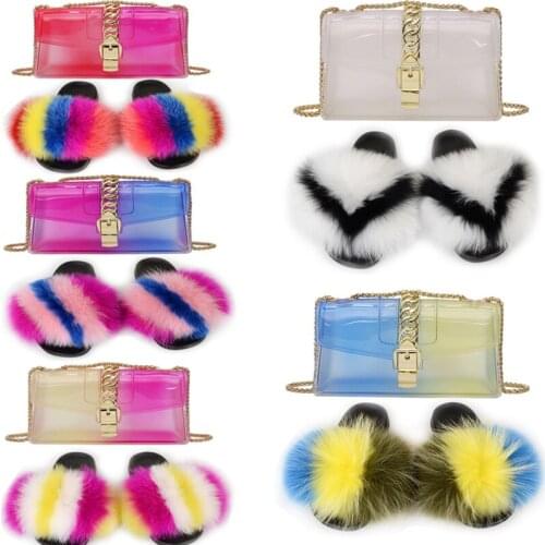 Ladies Chain Colorful Jelly Bags Shoulder Bag Set Purse Womens Cute Fox Fur Slippers Luxury Furry Flip Flops Soft Fluffy Slides