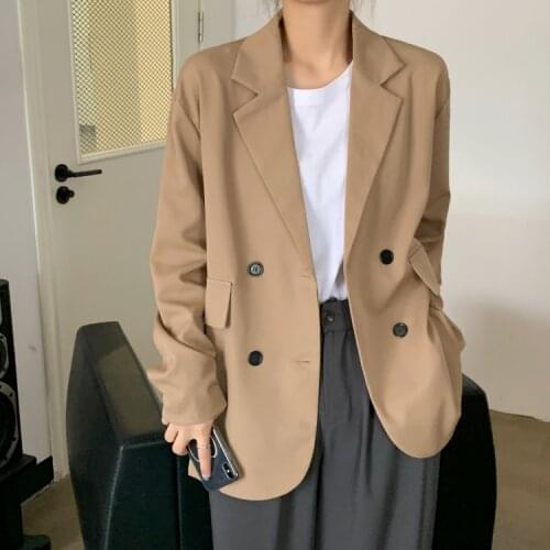 New Autumn Winter Work Style Loose Outwear Coat Solid Women Suit Jacket Double-breasted Full Sleeve Female Jacket