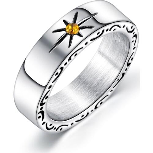 Retro Sun Totem Band Ring Stainless Steel Cubic Zirconia Tail Rings for Men Male Jewelry 6MM Finger