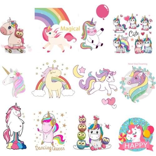 Cute Unicorn Patch Cartoon Iron On Transfer For Clothing Rainbow Happy Heat Transfer Thermo Sticker On Clothes Applique Vinyl