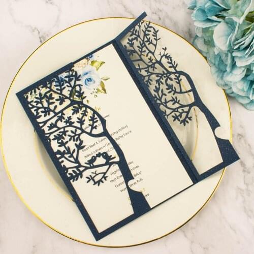 Wedding Invitations 50pcs Navy Blue Invitation Cards Champagne Silver Glitter White Tree laser cut marriage invitations card