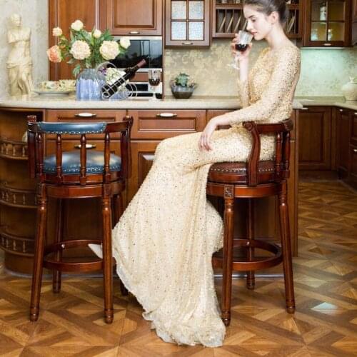 1000 American solid wood bar chair European style backrest high stool Light luxury leather rotating retro bar high chair