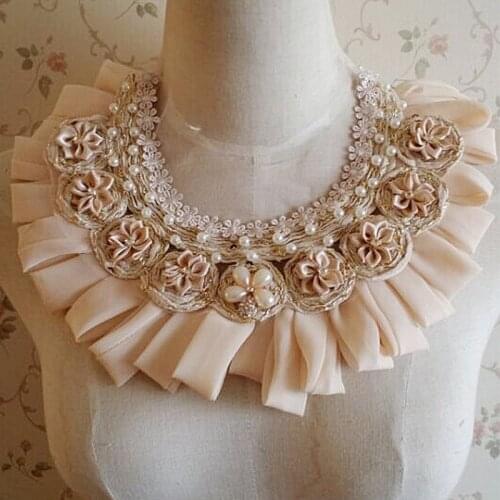 Pearl Beaded Patches 1 Pcs Chiffon Appliques Satin Flowers Appliques With Rhinestone For DIY Dress Shirt Collar Patches