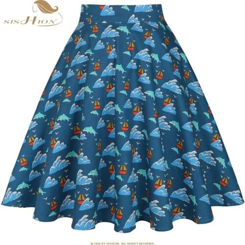 SISHION 2021 New Cotton Skirts Womens Animal Print Sea Retro Swing Vintage Skirt VD0020 Ladies A Line Summer Skirt Plus Size