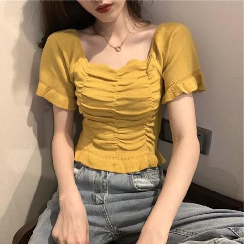 Vintage Womens Knitted T-shirt Casual Square Neck Short Sleeve Pleated Tee Slim Lady Knitwear Tops WDC4758