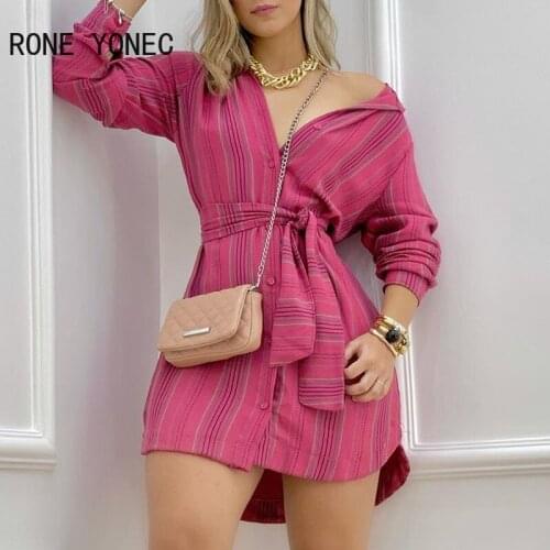 Women Casual Striped V neck Long Sleeves Sashes mini Sexy Sweat shirt Dresses