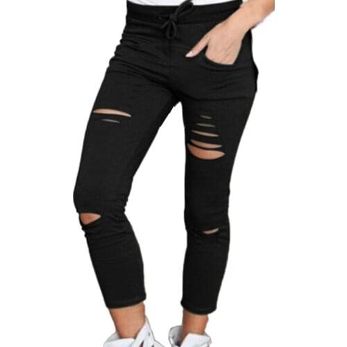 Womens Ladies Ripped Skinny Denim Jeans Cut High Waisted Jegging Trousers Skinny High Waist Stretch Ripped Slim Pencil Pants