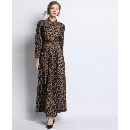 New women Breathable comfort leopard print ankle length dress Womens Slim waist long sleeve retro casual chic female dresses