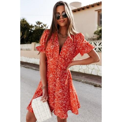 Black Ruffled Sleeve V-neck Floral Print Button Mini Dress for Women Summer Beach Boho Dress