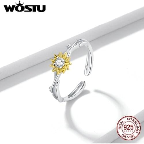 Wostu Bright Daisy Flower Gold-plated Adjustable Size Sterling Silver Finger Rings For Women Girls Fine Jewelry Gift BNR175