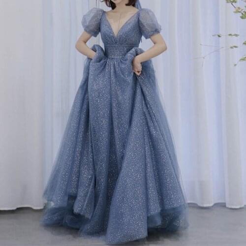 2021 Summer Blue Princess Fantasy Fairy Costume Evening Dresses Women V Neck Short Sleeved Bow Tie Ball Gown Party Prom Vestido