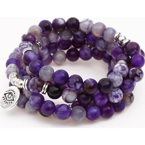 Purple 108 beads 8mm elastic adjustable Lotus life tree Buddha OM eye Chakra Reiki agate Onyx Yoga Bracelet necklace cdv2